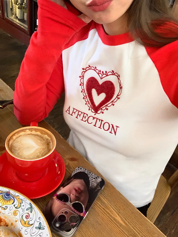Long Sleeve T-Shirt Women's 2025 New Design Sense Small Audience Top Bead Splicing Short Person Korean Style Straight Cut Cot...