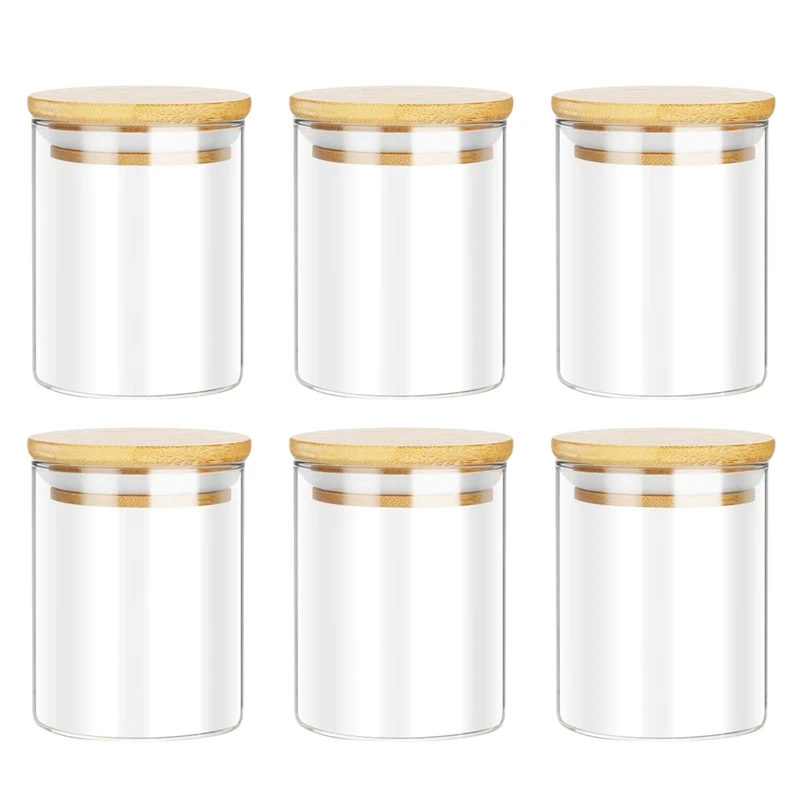 Spice Jars Set Of 6,450Ml Glass Jars With Bamboo Lids,Clear Kitchen Glass Storage Containers For Pantry Organization