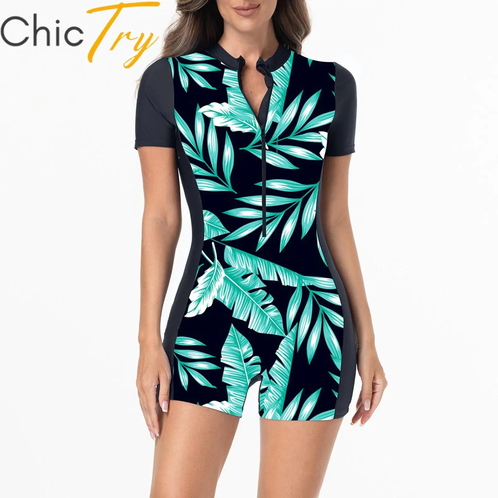 

Womens One Piece Athletic Swimsuit Boyleg Shorty Swim Bodysuit Leotard Leaves Print Swimwear Beachwear Bathing Suit Surfing Suit