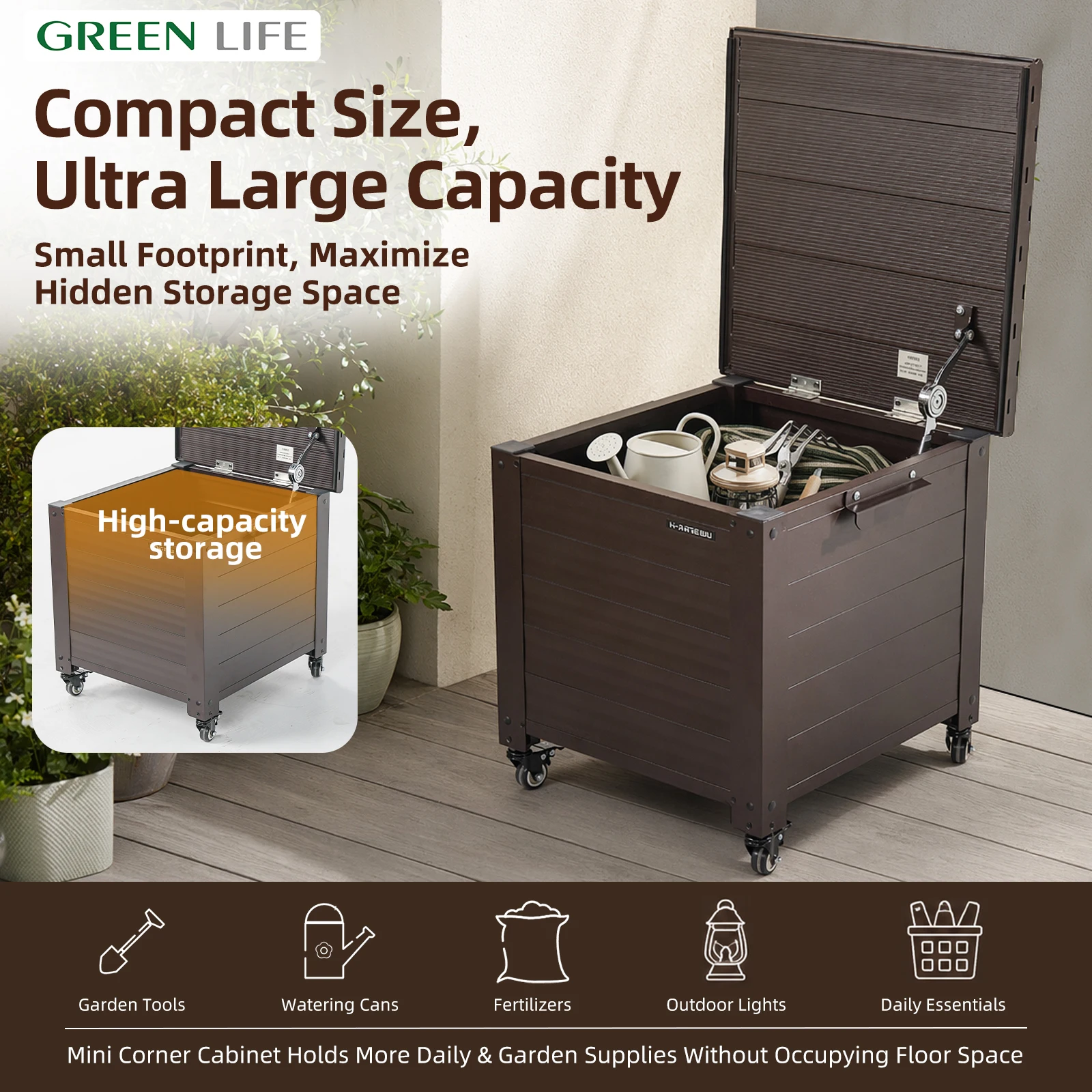 Aluminum alloy courtyard stool cabinet, mobile storage box, garden tools and miscellaneous storage, rainproof, rust proof, sturd