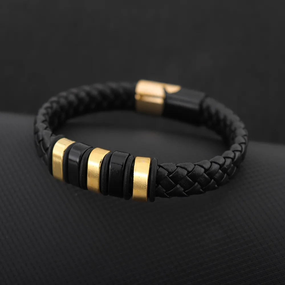 Fashion Braided Wrap Rope Black Leather Bracelets For Men Simple Stainless Steel Charm Vintage Magnet Clasp Bangles Jewelry Gift