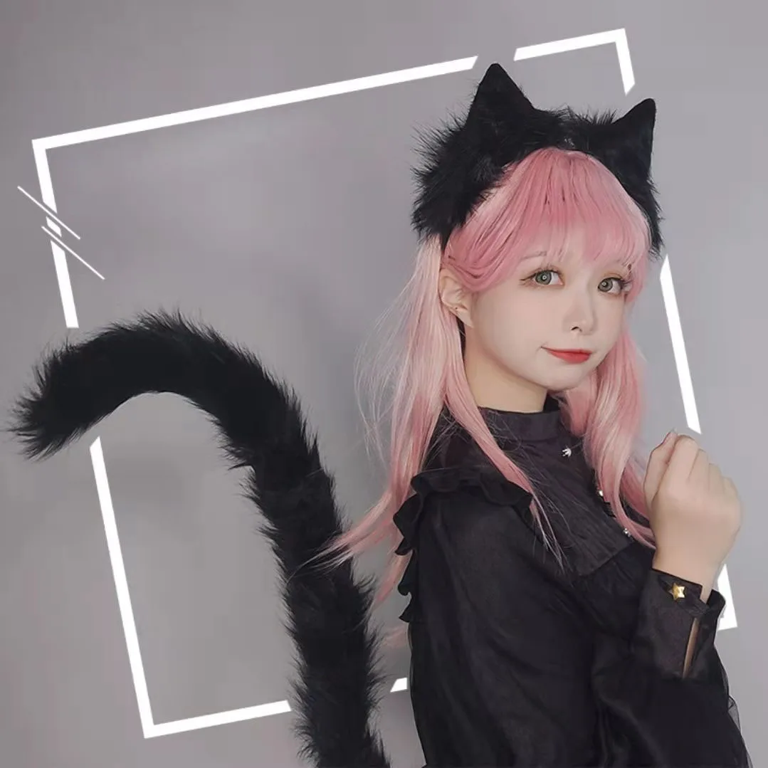 Cat ears cat tail simulation animal ears headband halloween party lolita maid cat tail cosplay anime accessories