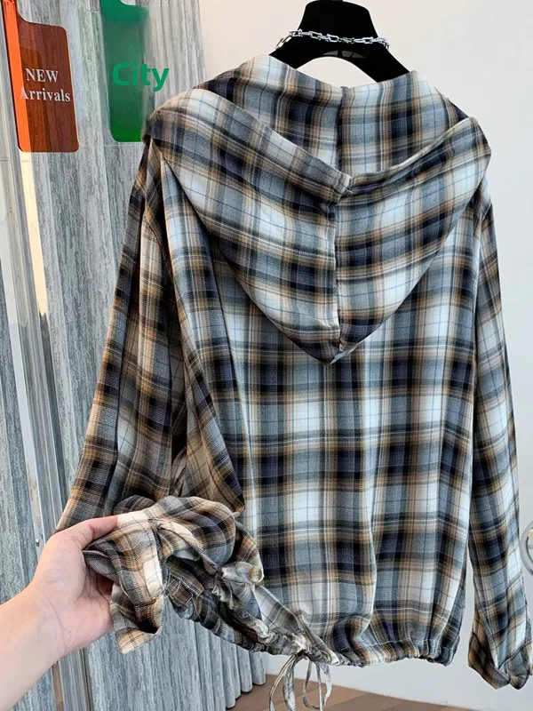 Csa de Mujer de Manga Larga con Capucha, Estilo Informal, Entallada, Tejida a Cuadros, Colorida, Prenda Exterior ra, P...