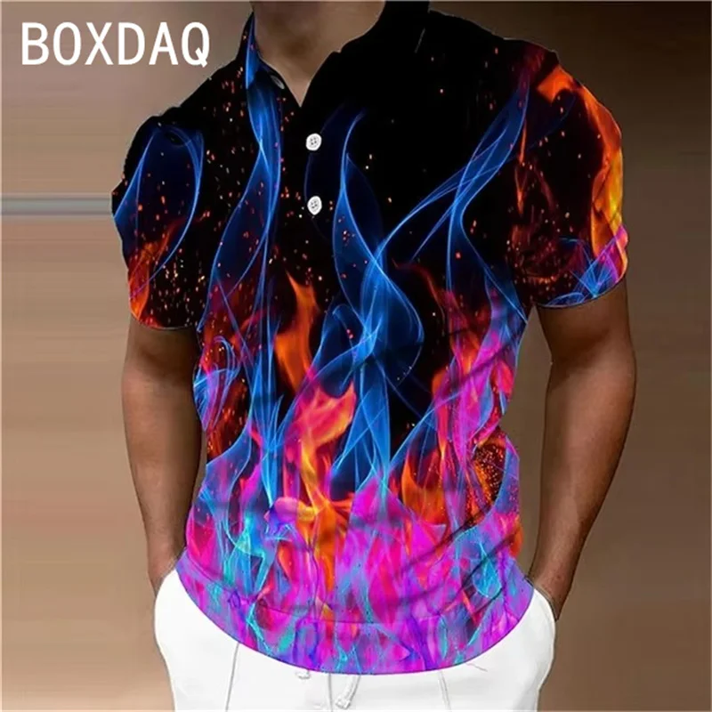 Fashion Men's Polo Shirts 3D Flame Gradient Printed Casual Polo Shirt Casual Short Sleeve Turn-Down Collar Zipper Golf Polo Tops