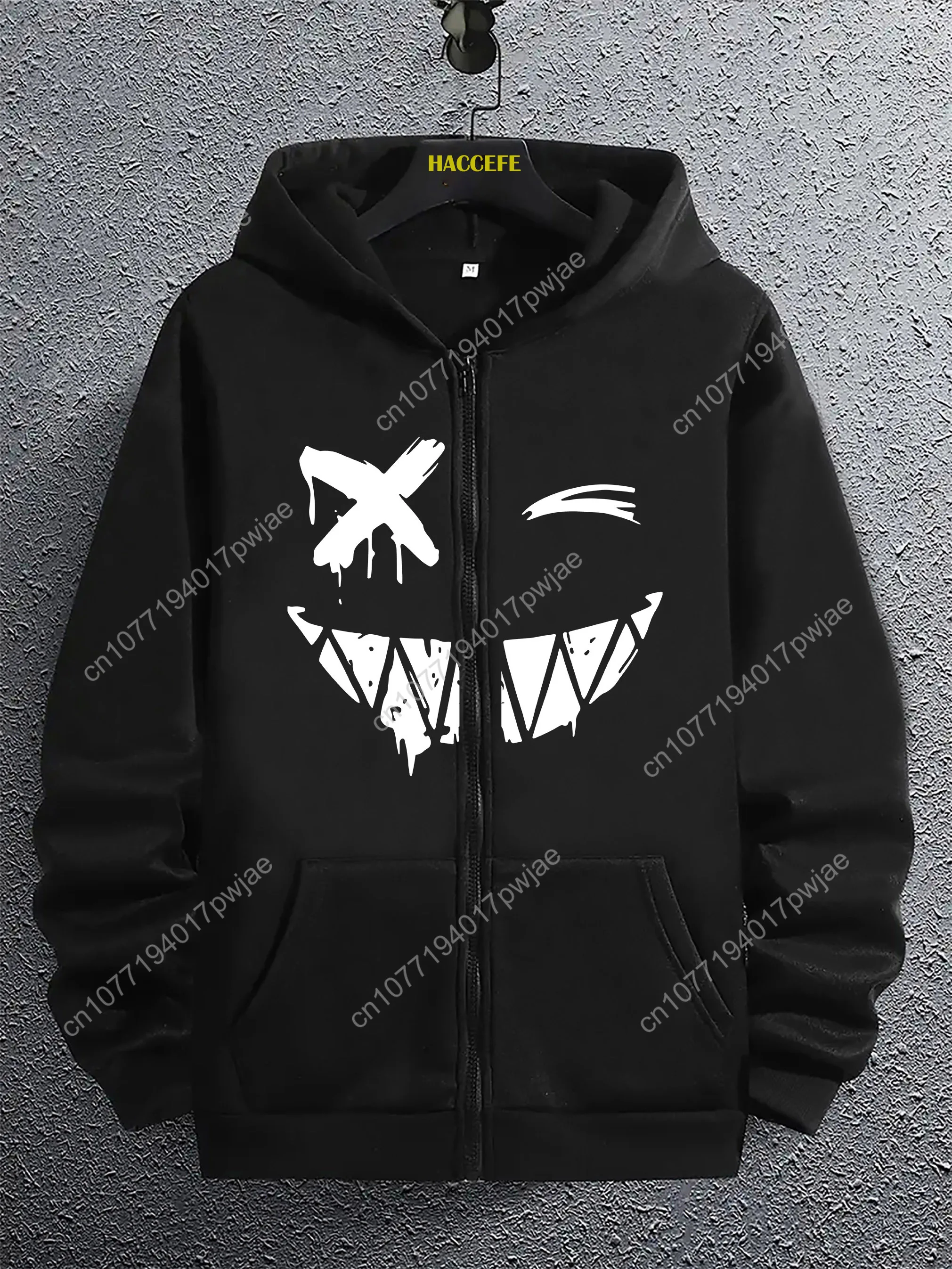 Sudadera con capucha de moda para hombre con estampado de sonrisa geométrica, sudadera informal con cremallera y bolsillo de canguro, Kni de poliéster de manga larga