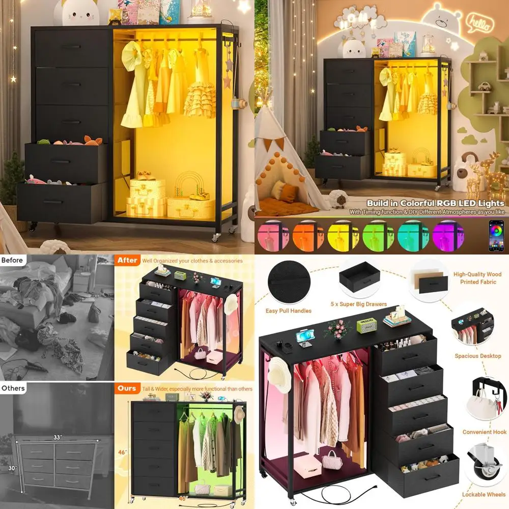 خزانة ذات 5 أدراج مع محطة شحن، وأضواء LED، وأدراج قماشية، وعجلات قابلة للقفل لتخزين غرفة النوم #1