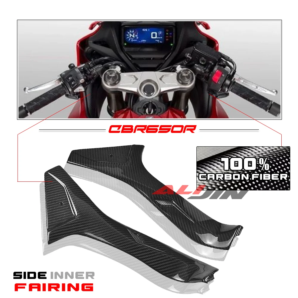 

100% настоящий сухой обтекатель из углеродного волокна, подходит для Honda CBR650R 2019-2023, передняя приборная панель мотоцикла, боковые внутренние обтекатели, панель крышки