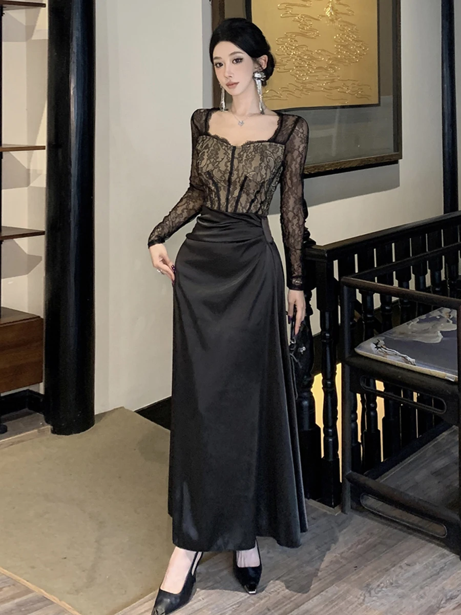 

Ele Sexy Long Sve Lace Patchwork Dr Fake Two-Piece Waist Cinched Bodycon Gown A-Line Evening Dr for Women