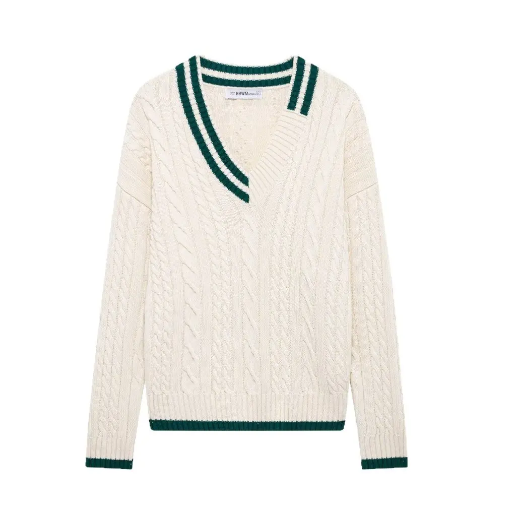 

Women's Asymmetric Design Long Sleeve V-Neck Sweater European American Style Eight-Strand Knitted Spring New Fashion Top