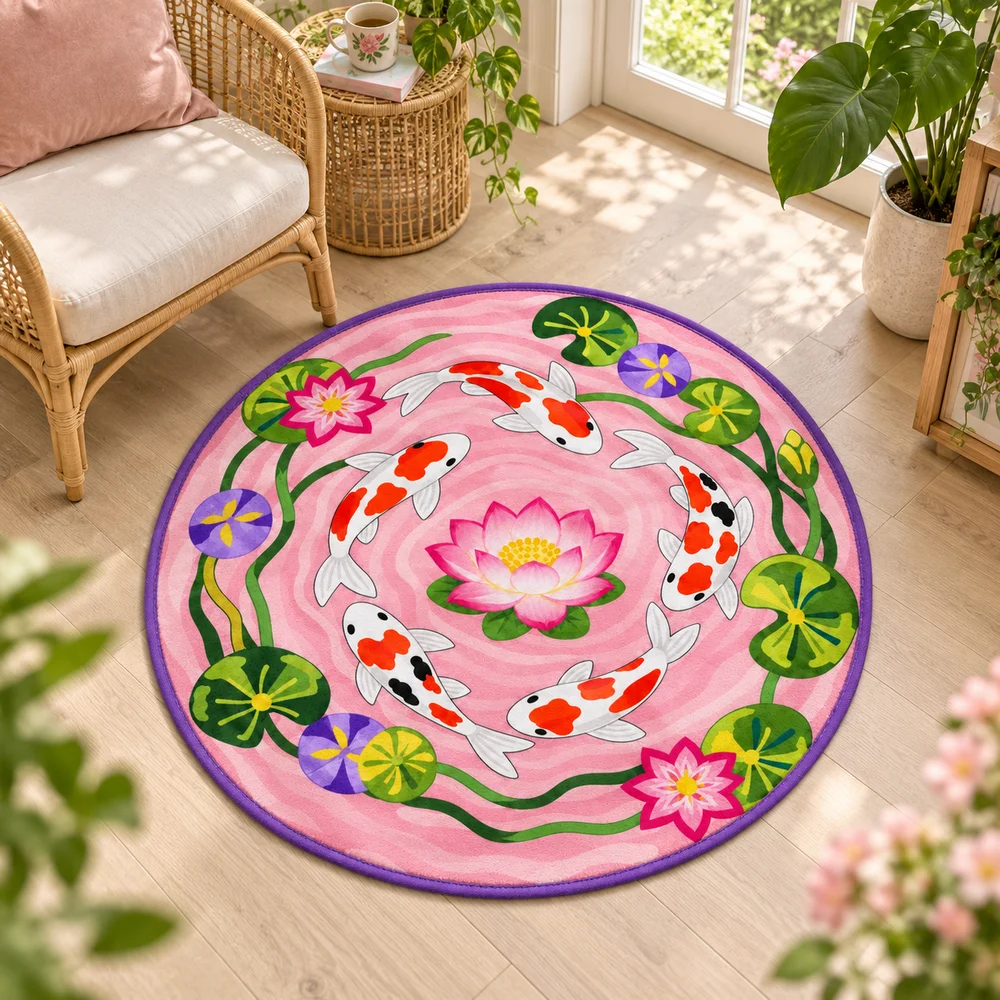 Pink Koi Fish Lotus Round Area Rug Soft Flannel Non Slip Floor Mat For Bedroom Living Room Meditation Room Home Decor Gift