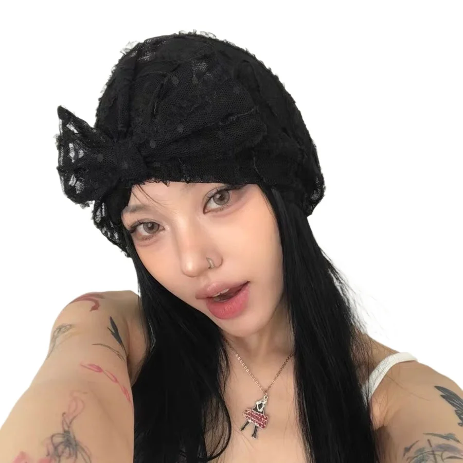 

Korean Bow-Topped Lace Mesh Beanie for Women Gothic Dark Style Puffy Beanie Winter Hat