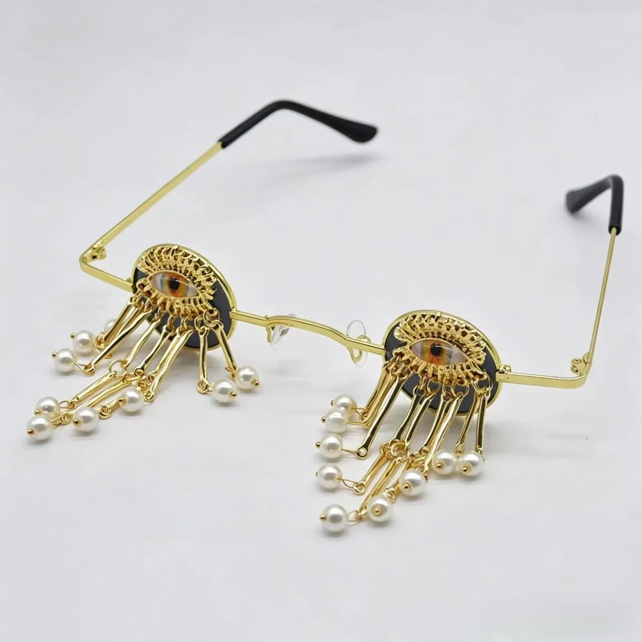 Halloween Cosplay Evil Eye Sunglasses Women Retro Pearl Tassel Small Round Frame Party Festival Exaggerated Statement Shades