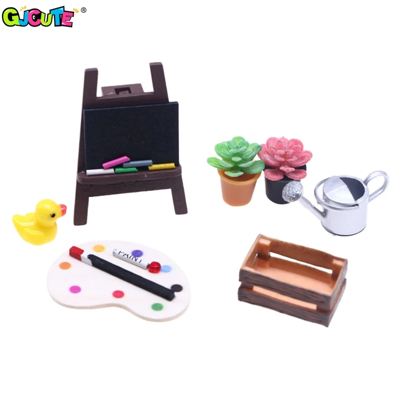 

1Set 1:12 Dollhouse Miniature Painting Easel Palette Storage Box Potted Plant Kettle Outdoor Drawing Scene Decor Toy