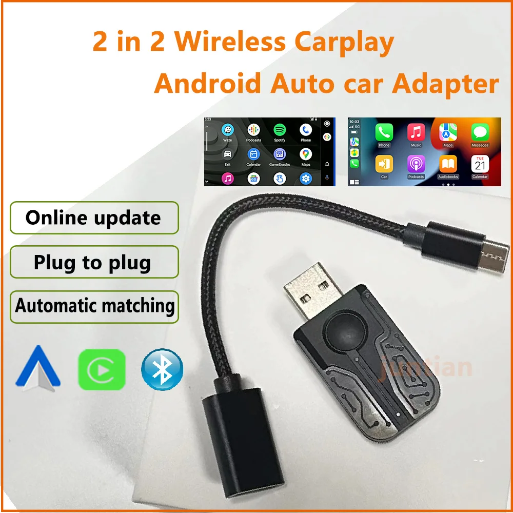 2 Wireless Carplay Adapter Android Auto Smart USB Dongle Plug and Play Wired CarPlay Convert to Wireless for benz Kia Volvo Audi