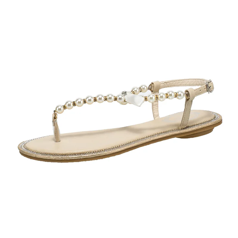 Plus size 42 43 women fashion pearls T-strap sandals flip flop beach shoes sweat ladies summer shoes wedding shoes flats sandals