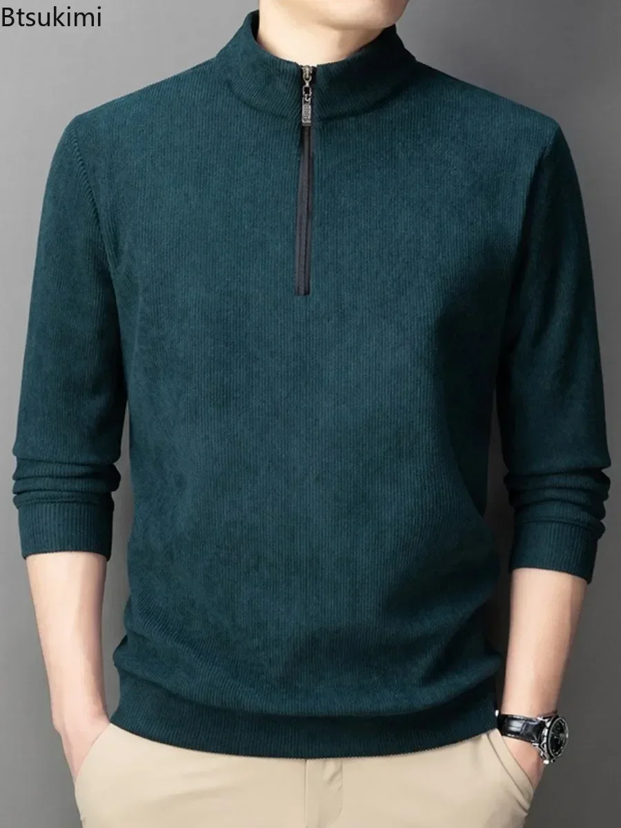 New Men's Warm Hoodies Fashion Plus Velvet Thickened Half Zip Stand Collar Pullovers Casual Solid Thermal Bottoming Tops for Men