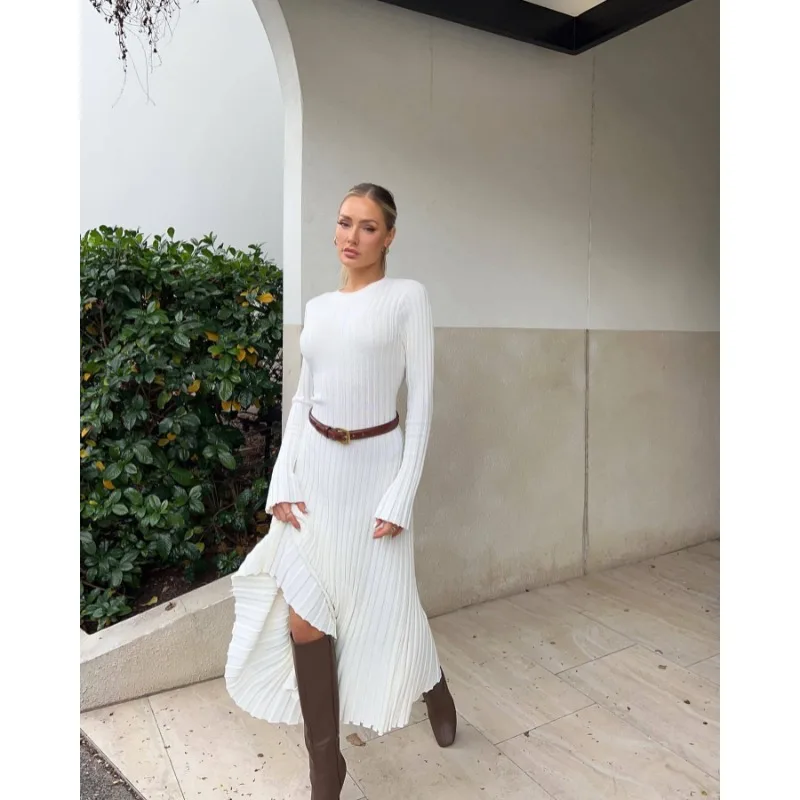 

Knitted Ribbed Women Long Maxi Dress Elegant Solid Long Sleeve Office Lady Flare Dresses 2023 Fall Winter High Street Vestidos