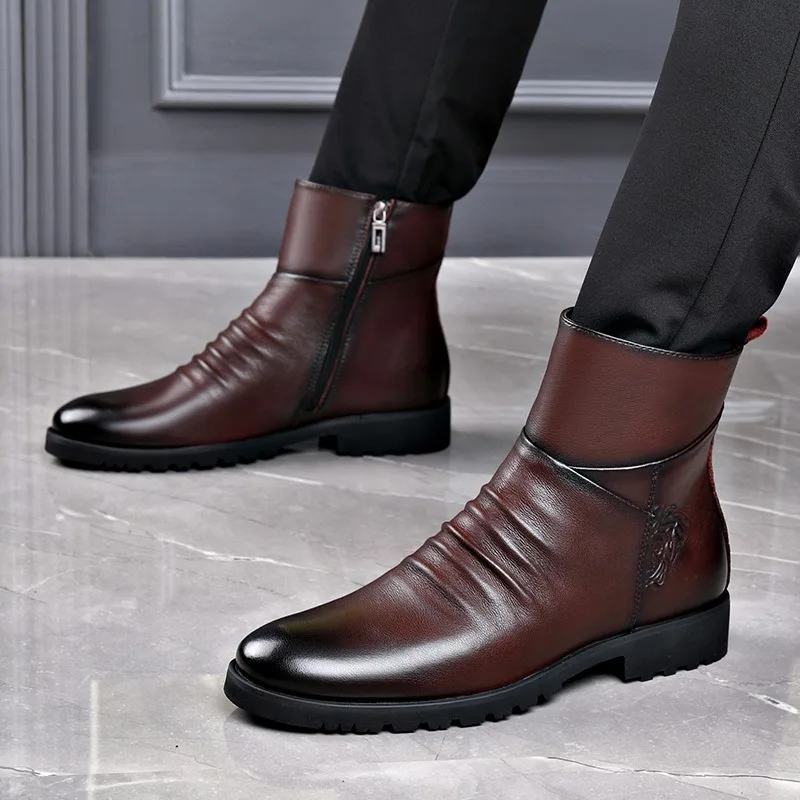 Genuine Leather Men Boots High Quality Cowhide Leather Boots Fashion High Top Motorcycle Boot Men's Business Casual Dress Boots