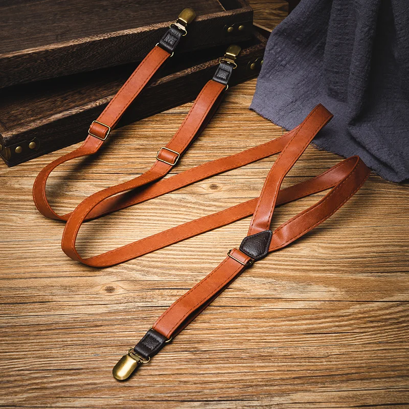 Anti-slip three-clip strong suspenders men's universal pu leather casual trousers suspenders retro fat guy suspenders clip