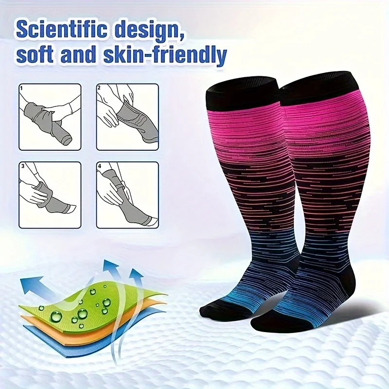 3 Pairs Men Women plus Size Compression Socks Striped Sports Socks Long Tube Knee-Length Gradient Color Pressure Circulation 15-20mm Mercury Column Widened Pantyhose