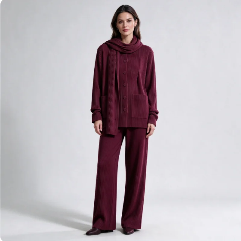 Miyake Women Burgundy Vertical Pleated Cardigan Top, Scarf Collar Button Jacket, Loose Casual Outer Blouse