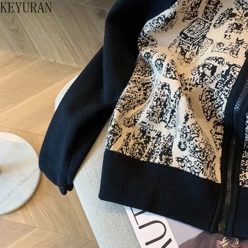 Vintage Jacquard Zipper Sweater Women Autumn Korean Fashion Loose Casual Stand-up Collar Knitted Cardigan Sweater Short Coat Top