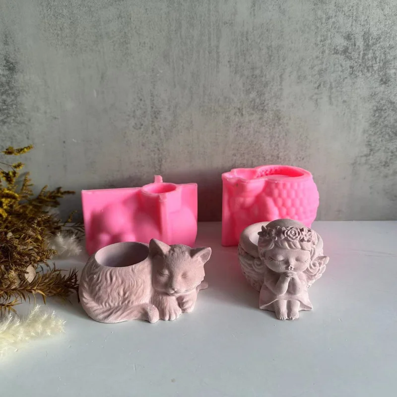 Cute Sleeping Girl Flowerpot Mold Cat Plaster Cement Mould