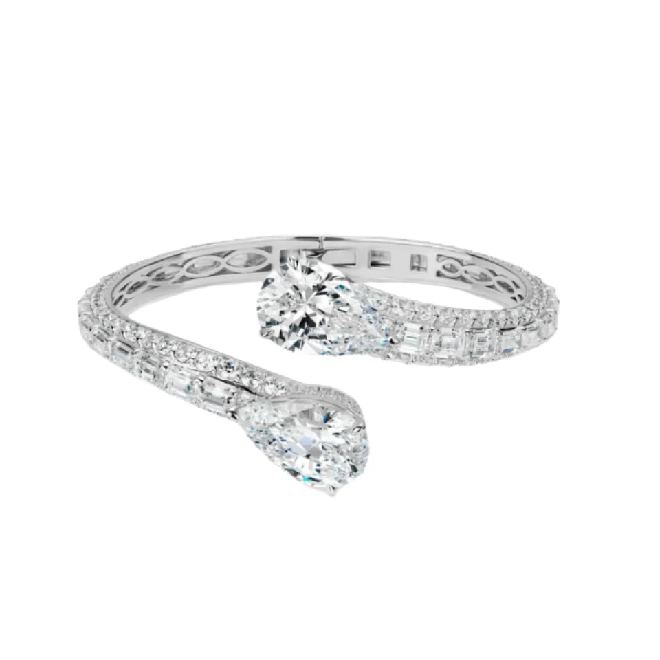 

BELLUX 925 Silver Synthetic Zircon Bracelet Double Water Drop Luxury Full White Diamond Sparkling Fashion Bangle