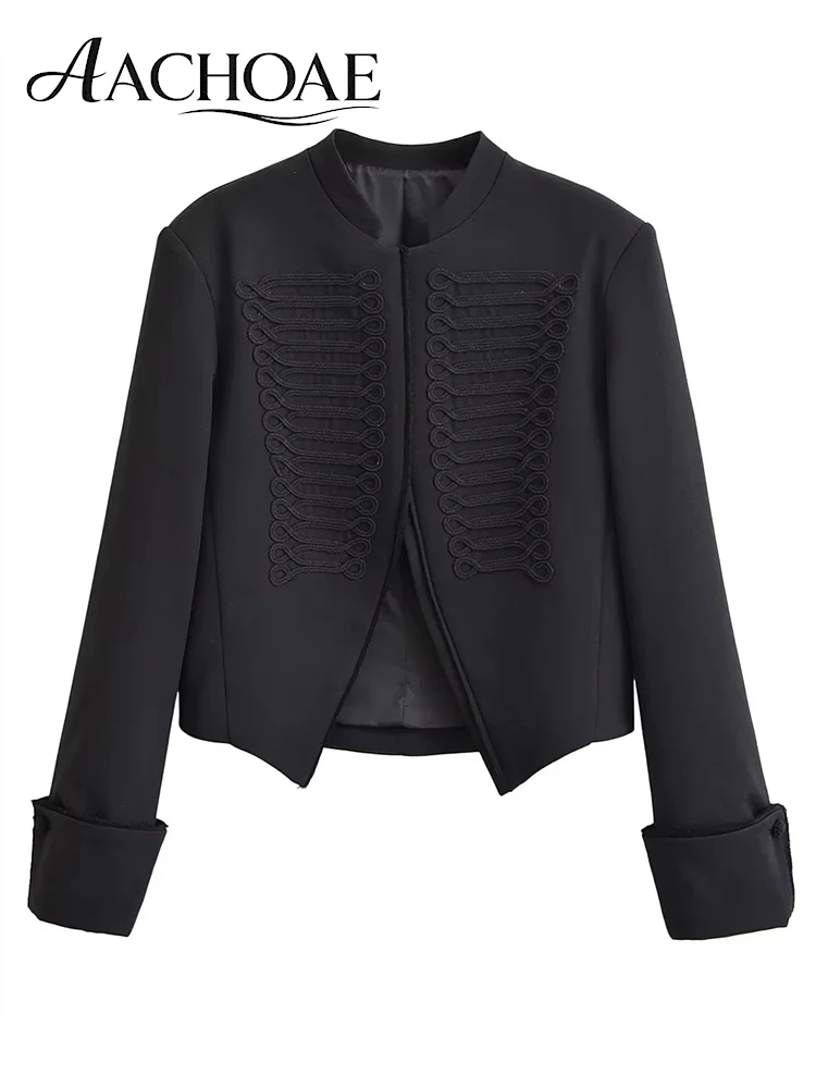 AACHOAE Women Baroque Cropped Jacket Military Inspired Structured Shoulder Asymmetric Hem Elegant Short Blazer Jacket Outerwear