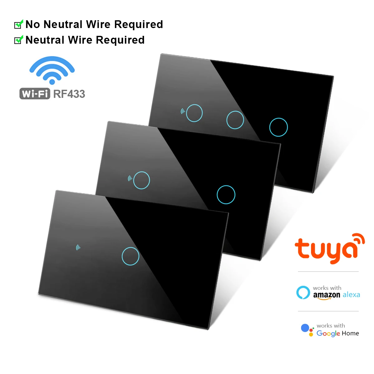 Tuya US WiFi Smart Wall Switch RF433 1/2/3/4 Gang No Neutral Wire Touch Sensor LED Light Switches Smart Home Alexa Google Home
