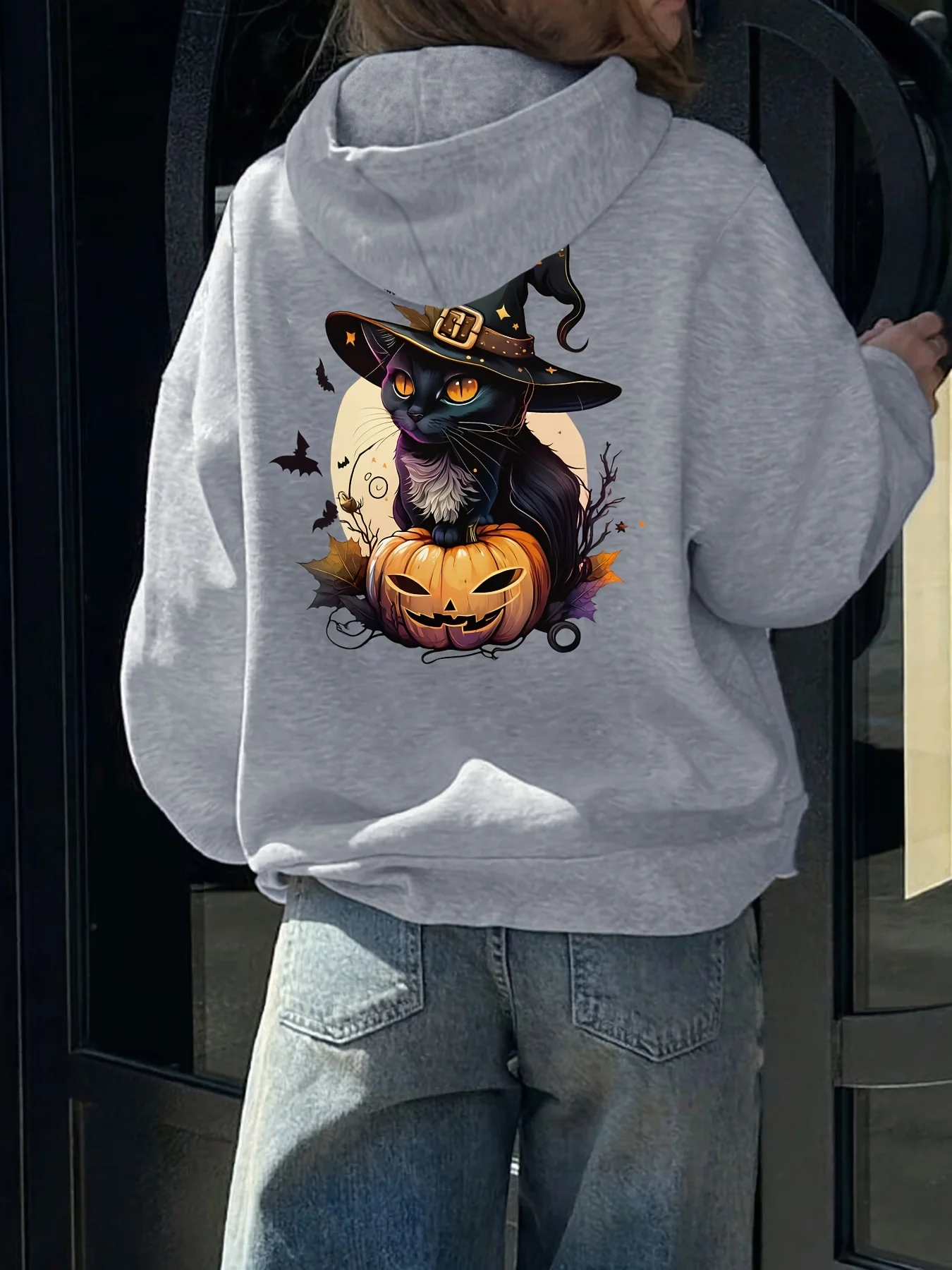 

Halloween Cat, Graphic Print Autumn and Winter Cotton Hoodie for Men and Women, Casual Outdoor Street Sports Training Brand