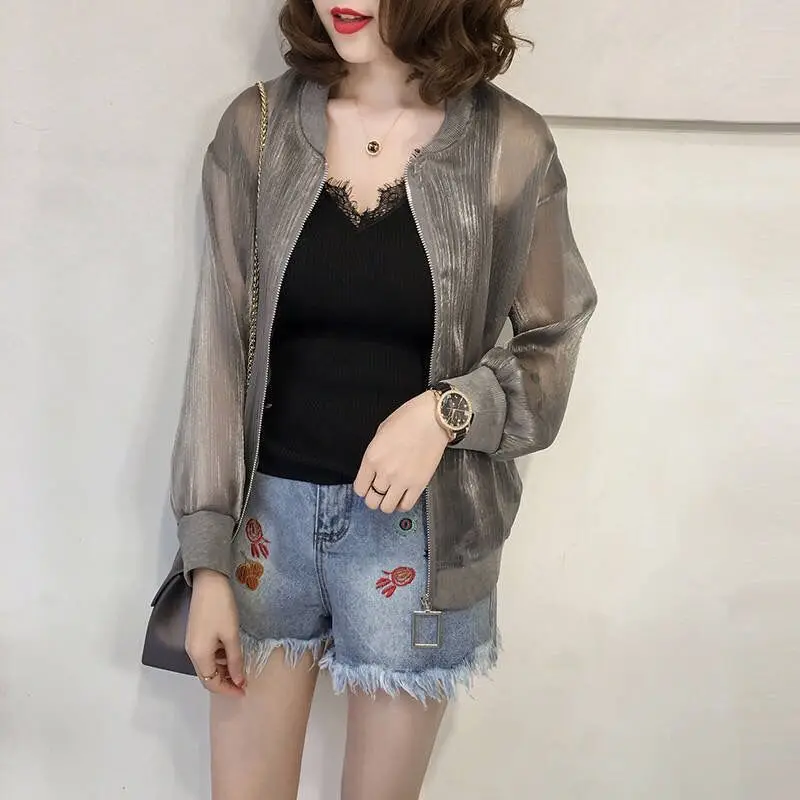 Women's Fashion Lightweight Sheer Zip-Up Jacket,metallic Silver Finish,ideal for Creating A Casual and Airy Summer Outfit