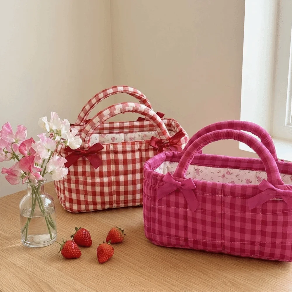Quilted Craft Lunch Bag Bow Decor Plaid Design Picnic Bag Small Size Two Colors Optional Cosmetic Storage Bin Maternity Use