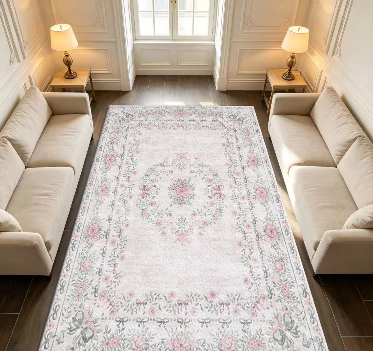 Romantic Pink Floral Bowknot Wreath Rug, Shabby Chic Vintage Home Decor Rug, Suitable for Girls' Room Bedroom