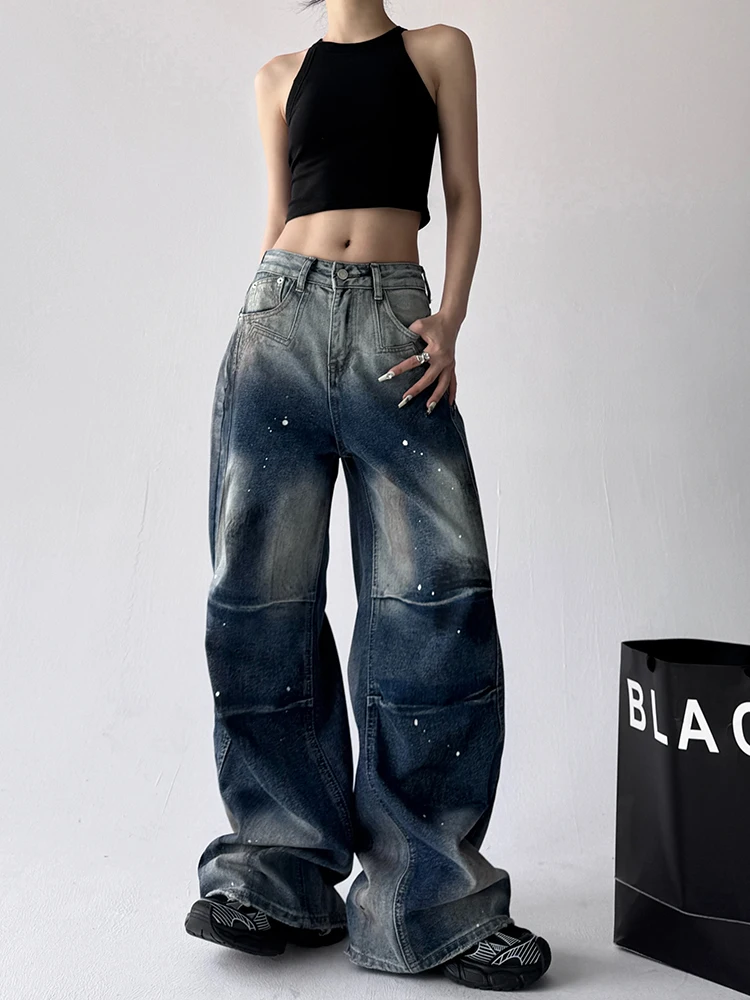 러스틱 와이드 레그 데님 진 여성용 하이웨이스트 루즈 스트레이트 컷 봄 가을 신상 슬레 코튼 엘라스틱 원단