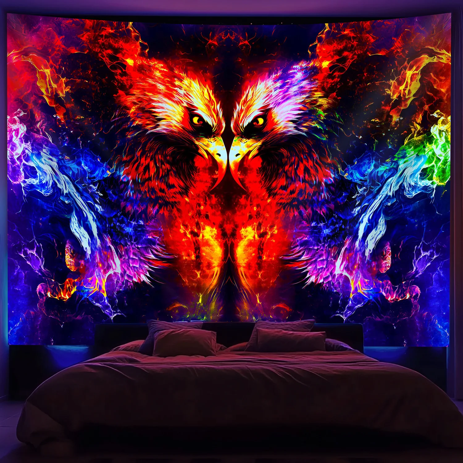 VIKAMA Wandteppich mit leuchtender Flamme, Adlerkopf, Wohnzimmer-Funktion, Wanddekoration, künstlerisches Raumwand-Arrangement, Raumdekoration im indischen Stil