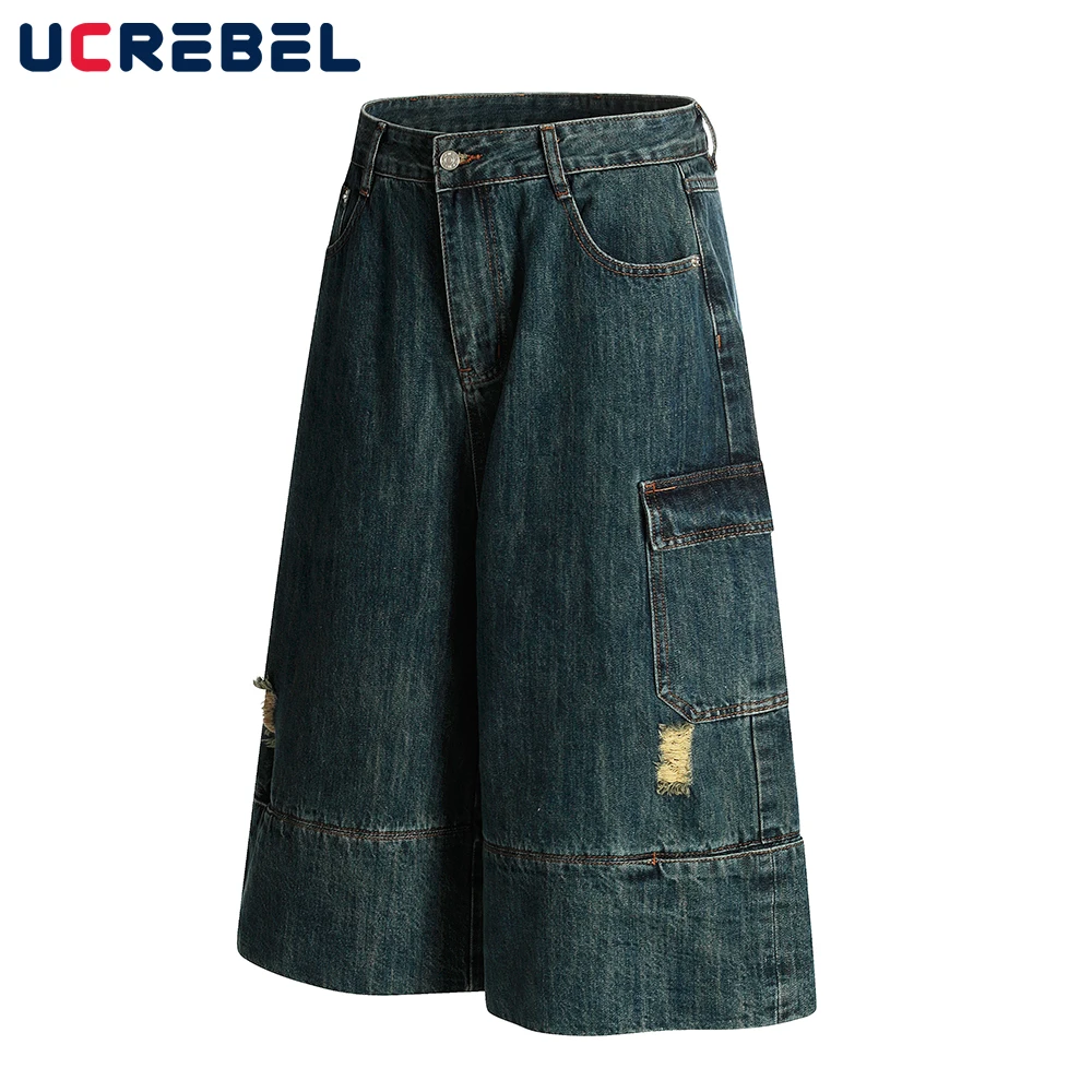 Bolso emendado denim shorts masculino rasgado lavado angustiado retro high street solto perna larga calças curtas