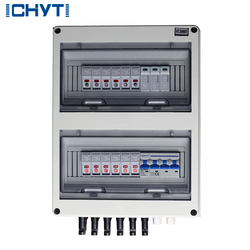 IP65 15A plastic DC solar connector with lock indicator, lightning surge protection, 6-string PV array, 6 in 1 out combiner box.