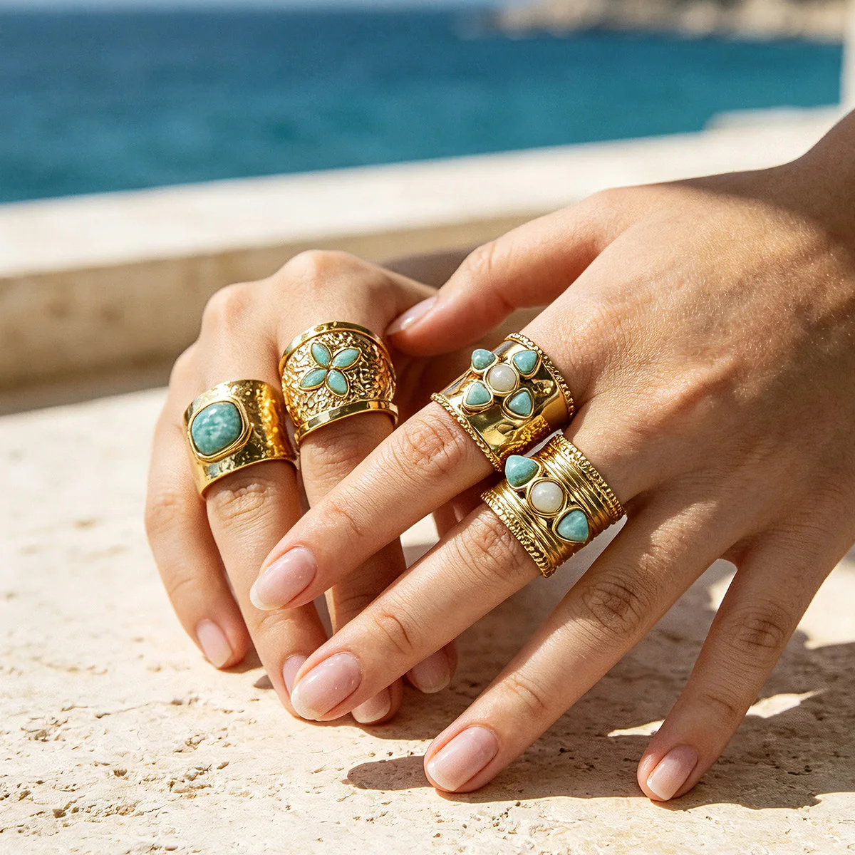 Ars Stainless Steel Open Rings for Women 18k Gold Plated Wide Band Ring Bohemian Natural Stone Ring Statement Chunky Rings