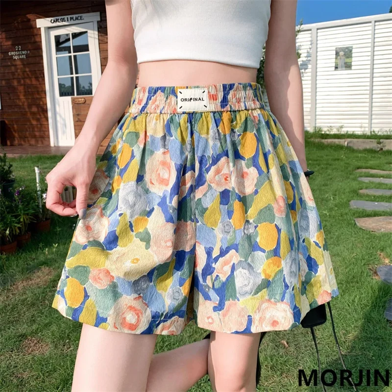 ฤดูร้อนภาพวาดสีน้ํามันดอกไม้กางเกงขาสั้นผู้หญิงสบายๆกางเกงขาสั้นขากว้างขนาดใหญ่หลวมพิมพ์ลายดอกไม้กางเกงขาสั้นElastic Band Casualกางเกง
