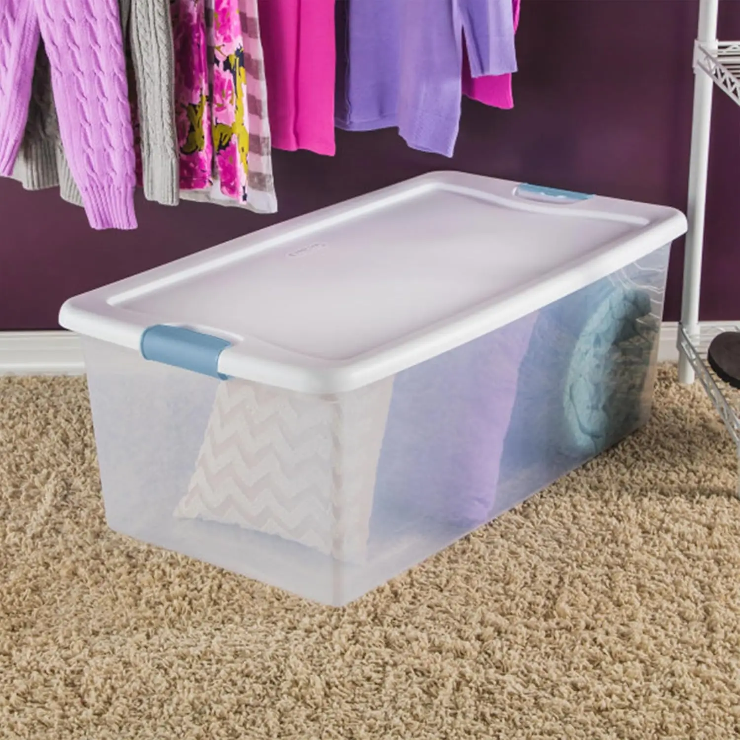 Sterilite 106 Qt Latching Storage Box Stackable Bin with Latch Lid Plastic Container To Organize Clothes in Closet 24-Pack