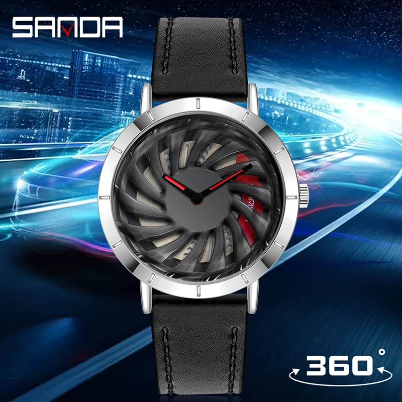 

SANDA 1056 Fashion Waterproof Watches Car Rim Watch Quartz Men's Sports 3D Real 360° Rotate Wheel Wristwatch Relogios Masculinos