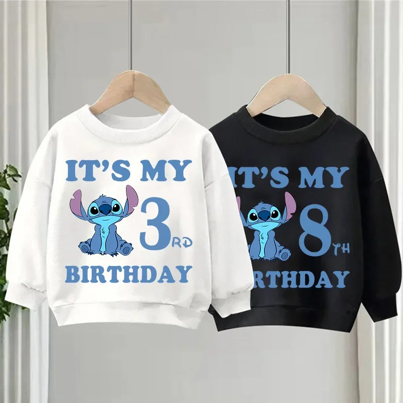 Stitch Birthday Number 123456789 Kid Sweatshirts Children's Kawaii Pullover Cartoons Boy Girl Hoodies Casual Cotton Clothes Tops