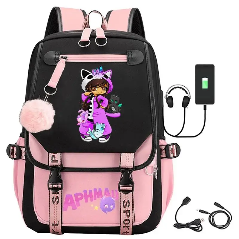 Aphmau-Cartoon Imprimir Mochilas para Meninas Adolescentes, USB Carregamento Mochilas Escolares, Bolsa para Laptop para Crianças, Bookbag, Estudantes Mochila, Moda