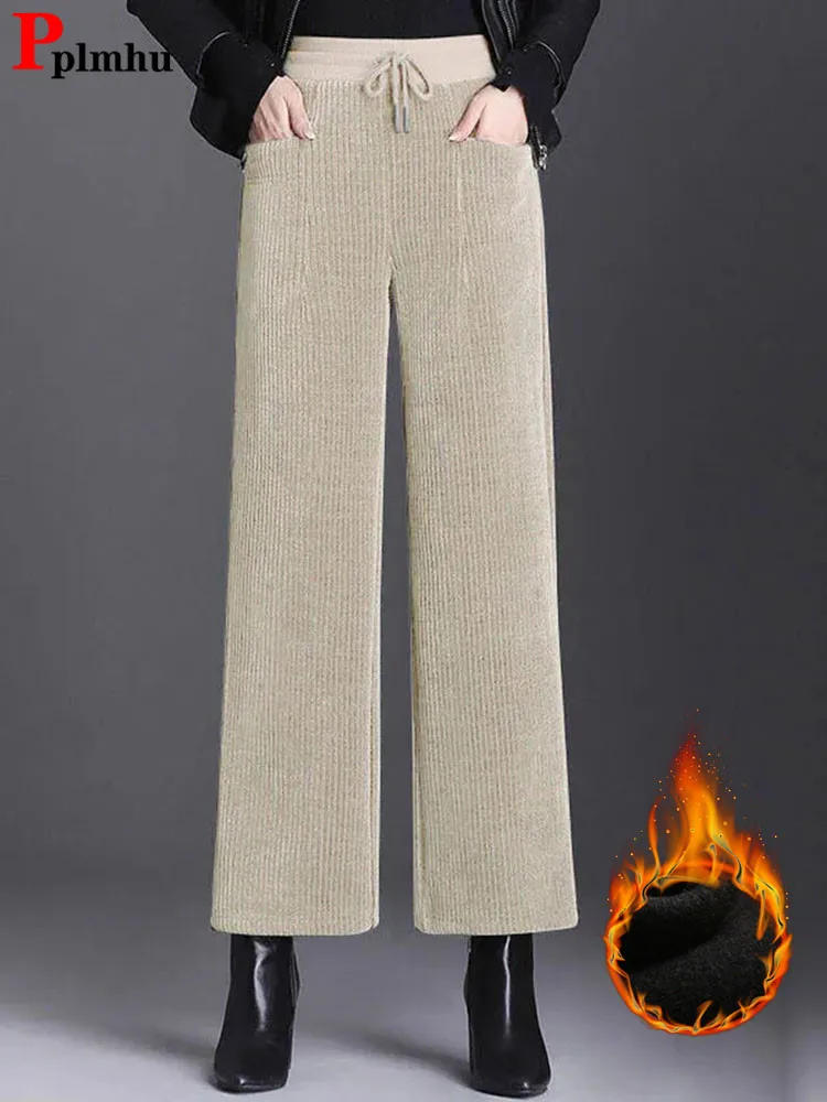 Damskie zagęszczone zimowe spodnie szerokie nogawki ciepłe oraz aksamitne sztruksowe Casual Pantalones Baggy wysokiej talii Oversize5XL proste spodnie dresowe