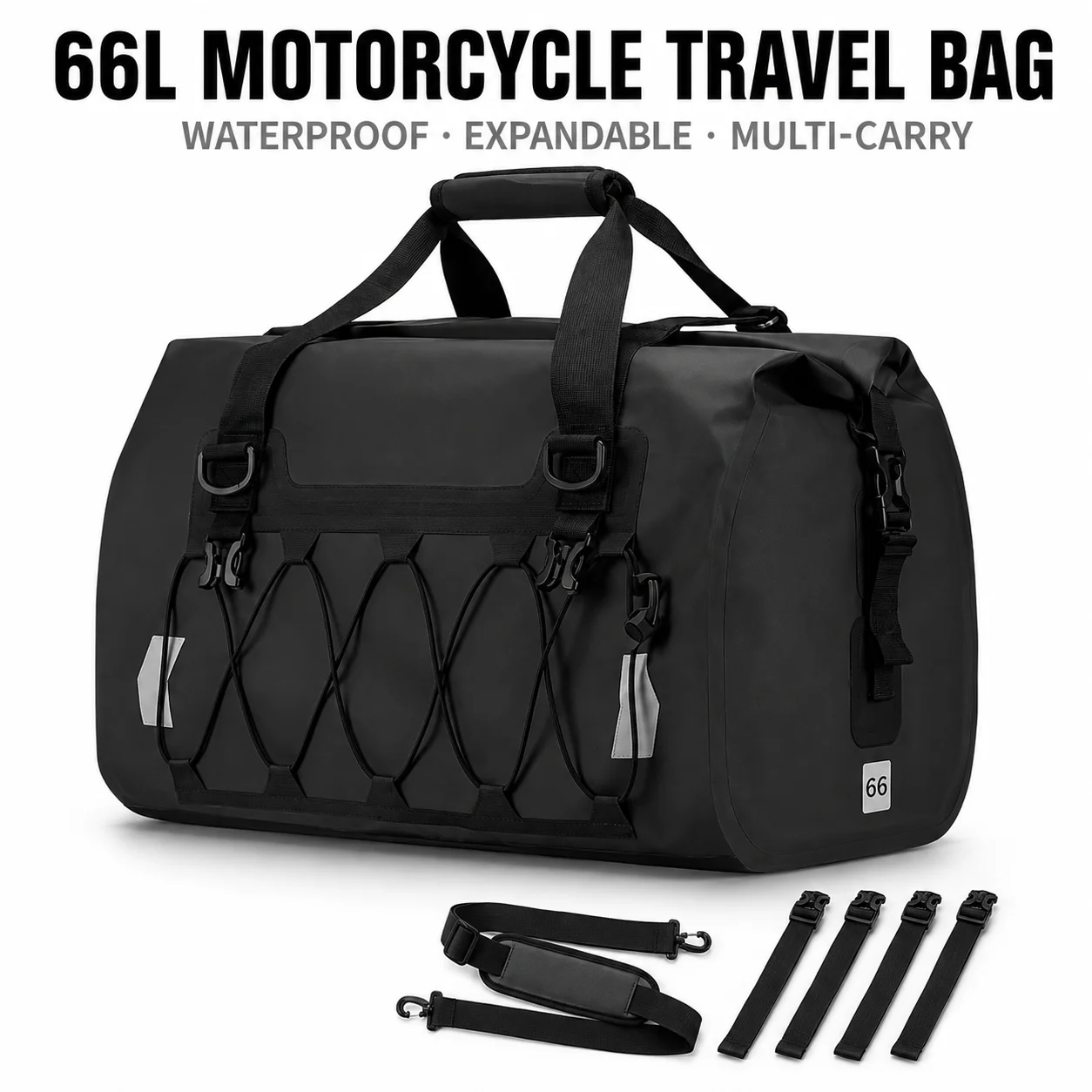 Large‑Capacity 66L Motorcycle Duffel Bag Outdoor Long‑Trip Storage Backpack Hand‑Carry Waterproof Luggage Bag With Bungee Net