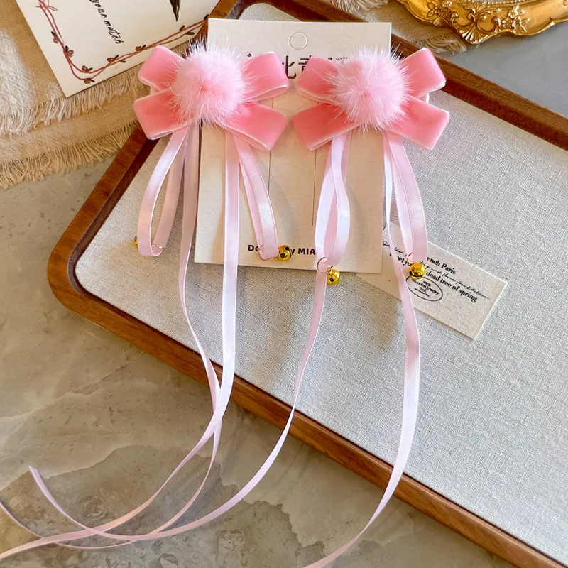 

Зимние заколки для девочек с длинными лентами и мехом норки, бордовые праздничные аксессуары для волос для детей