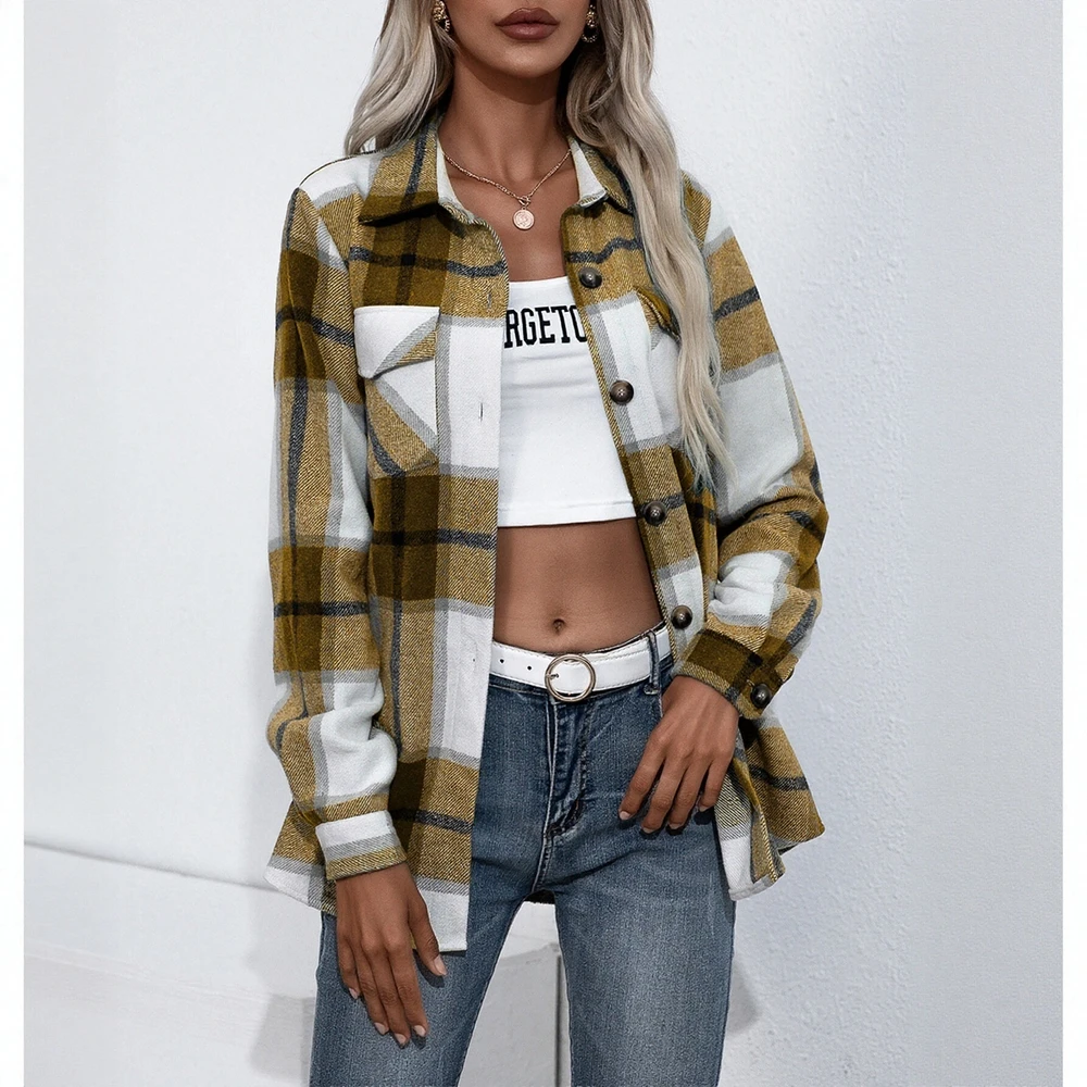 

Autumn Winter Coats 2025 Women's Casual Plaid Long Sleeve Shirt Collar Fitting Slim Casual Coats