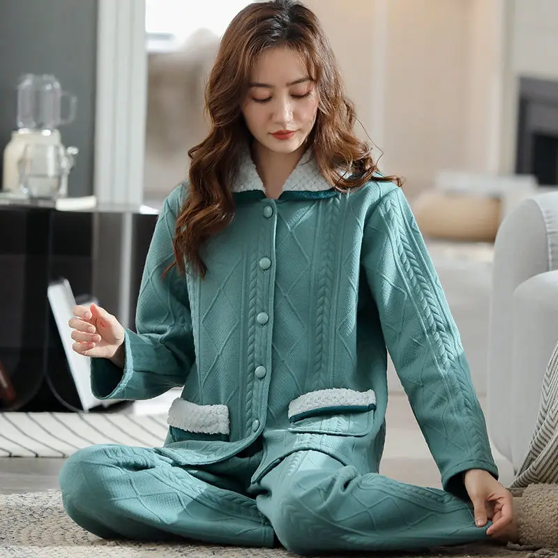 AutumnWinter PureCotton Padded Pajamas Women's Thickened Three-layer Warm Long-sleeved Set Winter Air Cotton Sandwich Loungewear