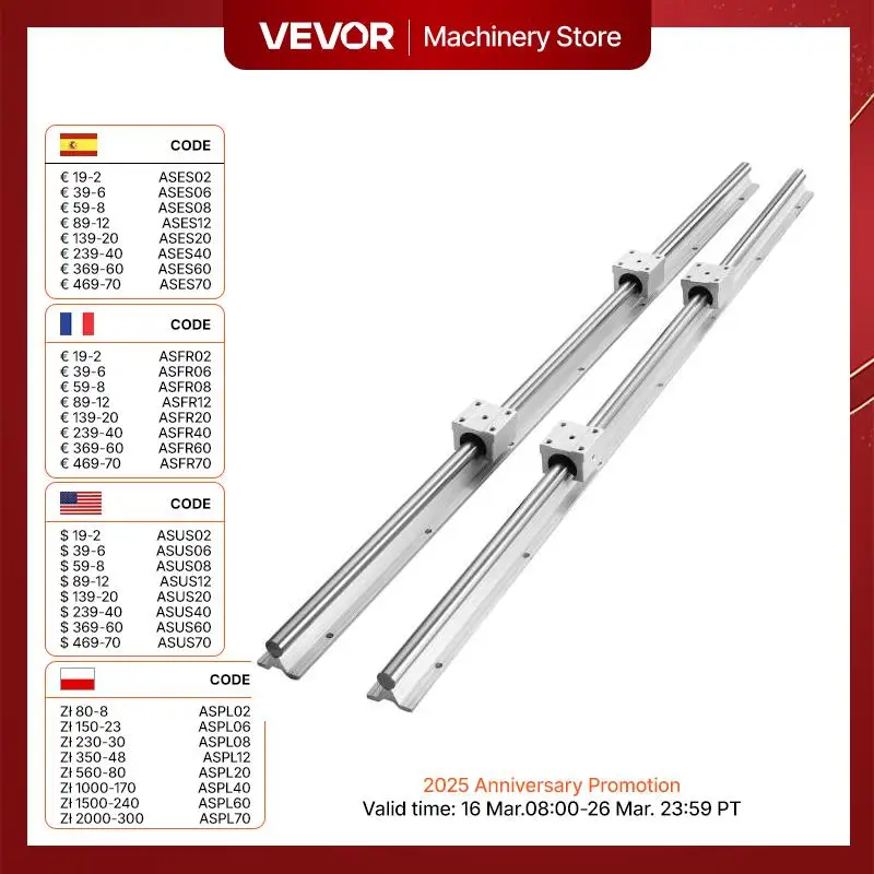 VEVOR 2PCS Linear Guide Rails SBR12 SBR16 SBR20 SBR25 800-2200mm & 4PCS UU Bearing Blocks Smooth Motion for DIY Mills CNC Parts